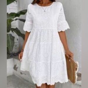 SHEIN White Eyelet Tiered Short Sleeve Mini Dress